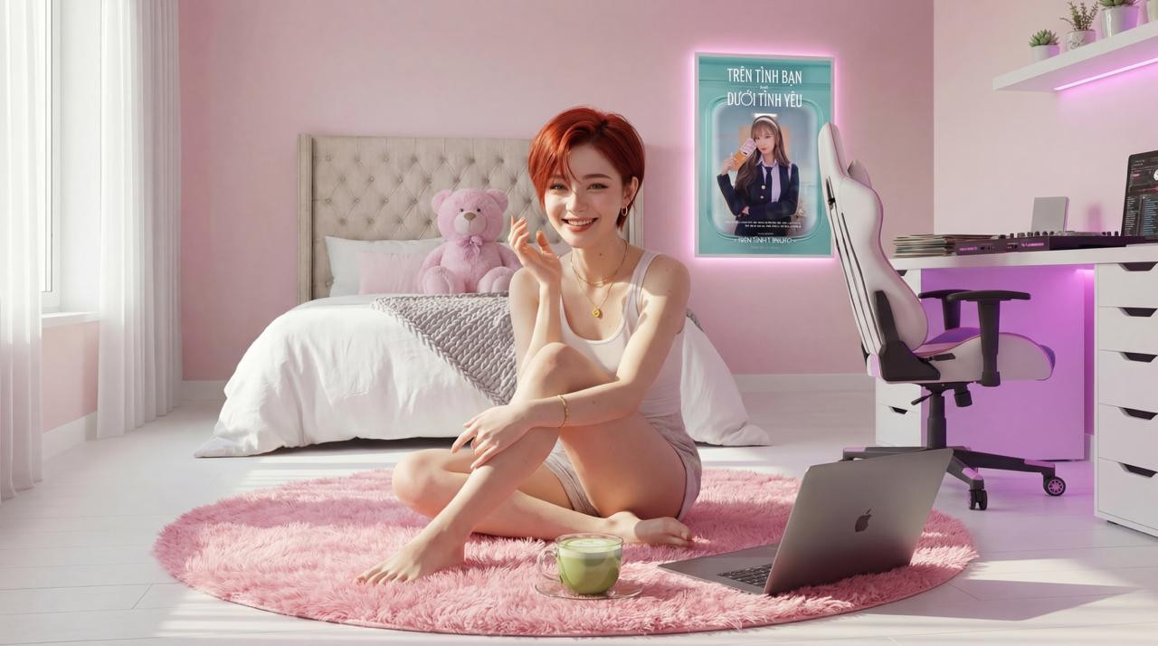 Linh sits on the floor mit laptop and drink