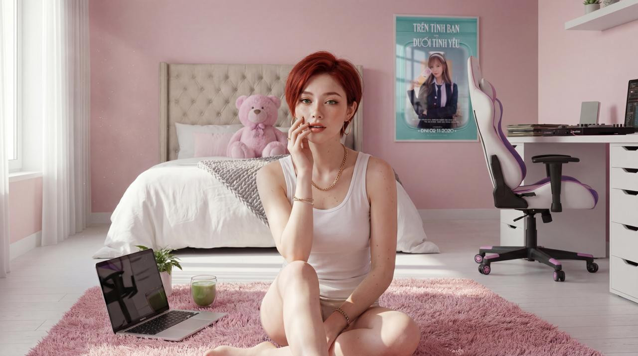 Linh sits on the floor with laptop and drink2